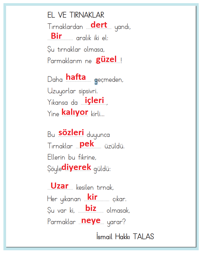 2. Sınıf Türkçe Ders Kitabı Cevapları Sayfa 189 ADA Yayınları (El Ve Tırnaklar)