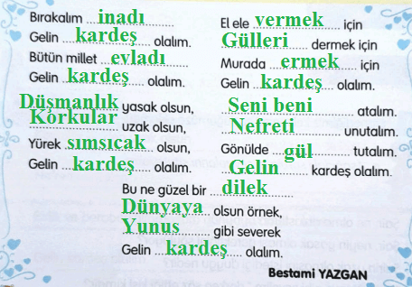 3. Sınıf Türkçe Ders Kitabı Cevapları Sayfa 33 Gizem Yayıncılık (Gelin Kardeş Olalım Metni)