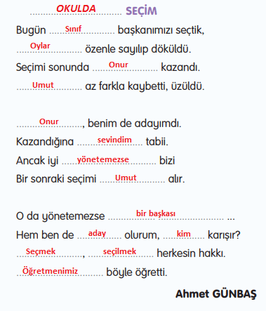 3. Sınıf Türkçe Ders Kitabı Cevapları Sayfa 77 Gizem Yayıncılık (Okulda Seçim Metni)