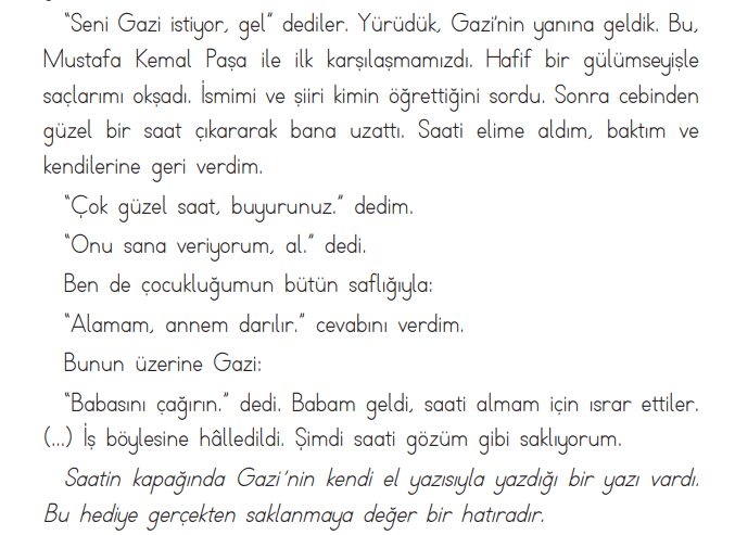 2. Sınıf Türkçe Ders Kitabı Cevapları Sayfa 84 ADA Yayınları (Atatürk'ün Gültekin'e Armağanı Metni)