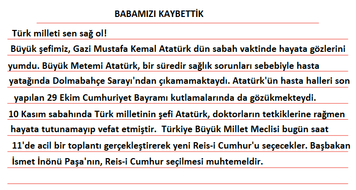 7. Sınıf Türkçe Ders Kitabı Cevapları Sayfa 43 MEB Yayınları (Atatürk’ü Gördüm Düşümde Metni)