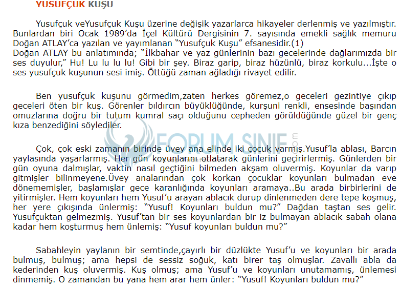 7. Sınıf Türkçe Ders Kitabı Cevapları Sayfa 175 MEB Yayınları (Yusufçuk Metni)